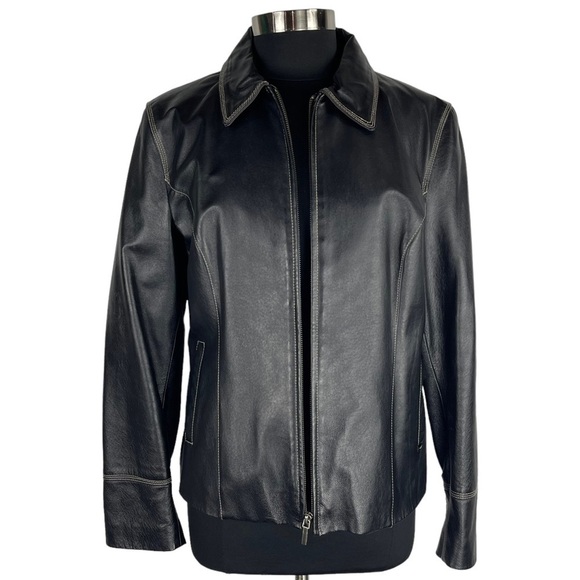 VINTAGE COLEBROOK 90S BLACK LEATHER STITCHED CLASSIC COLLARED ZIP UP MOTO JACKET - Picture 5 of 16